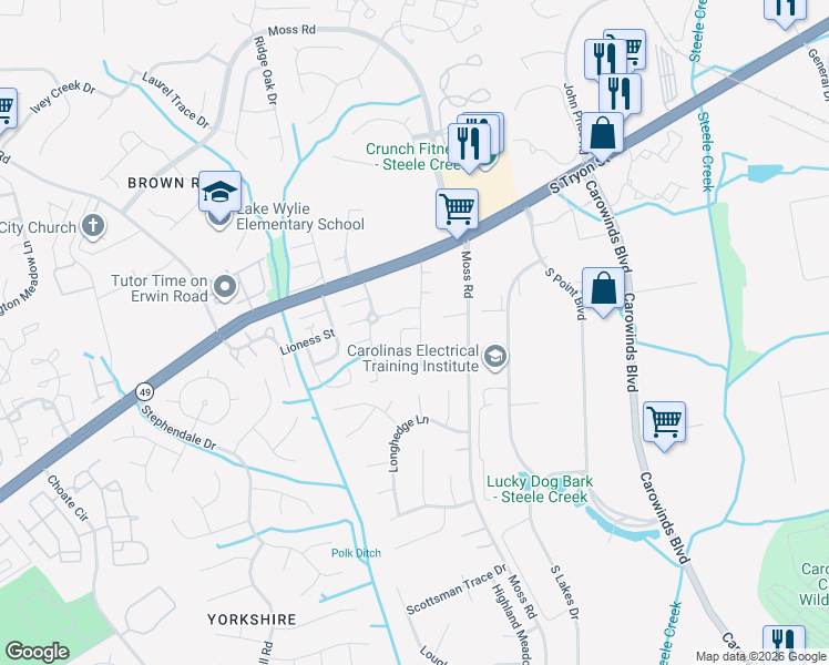 map of restaurants, bars, coffee shops, grocery stores, and more near 13311 Savannah Cottage Drive in Charlotte