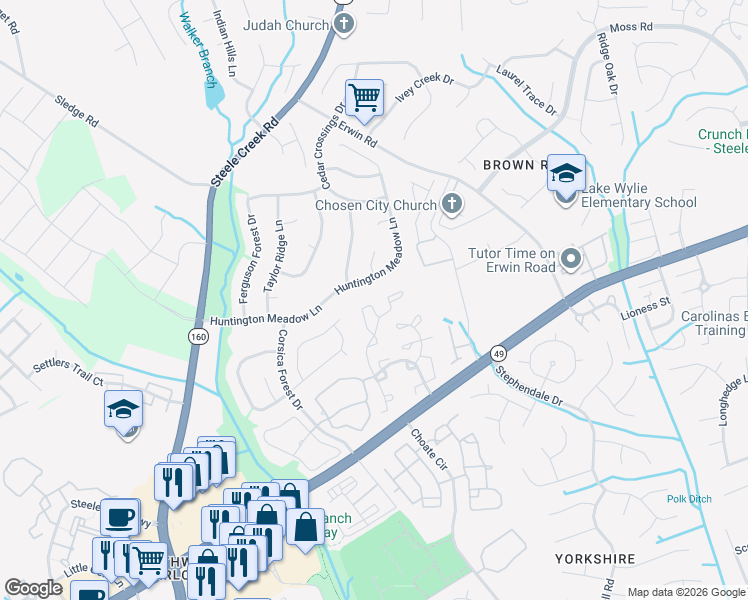 map of restaurants, bars, coffee shops, grocery stores, and more near 14968 Deshler Court in Charlotte