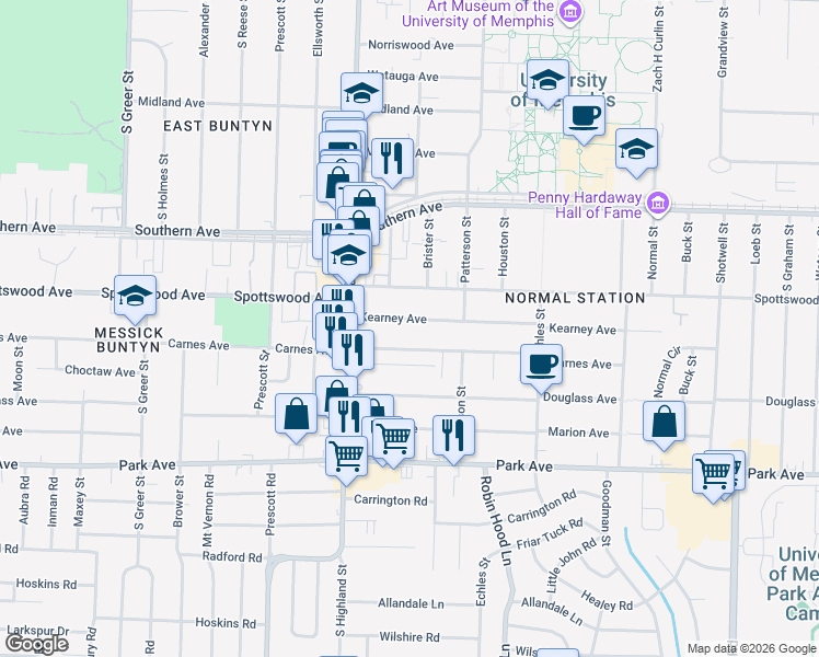 map of restaurants, bars, coffee shops, grocery stores, and more near 3579 Kearney Avenue in Memphis