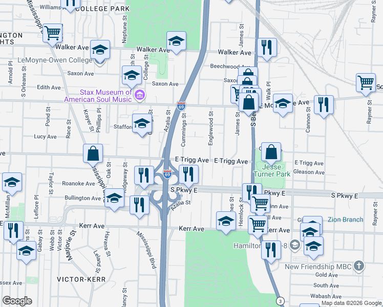 map of restaurants, bars, coffee shops, grocery stores, and more near 1060 East Trigg Avenue in Memphis