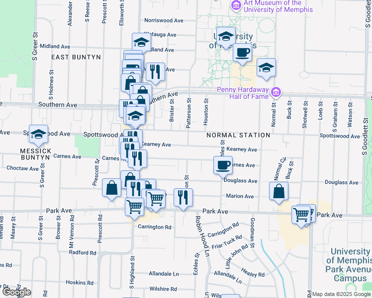 map of restaurants, bars, coffee shops, grocery stores, and more near 3625 Kearney Avenue in Memphis