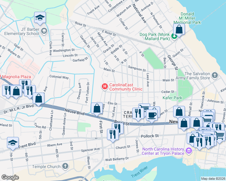 map of restaurants, bars, coffee shops, grocery stores, and more near 1206 Cedar Street in New Bern