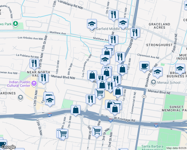 map of restaurants, bars, coffee shops, grocery stores, and more near 2627 6th Street Northwest in Albuquerque