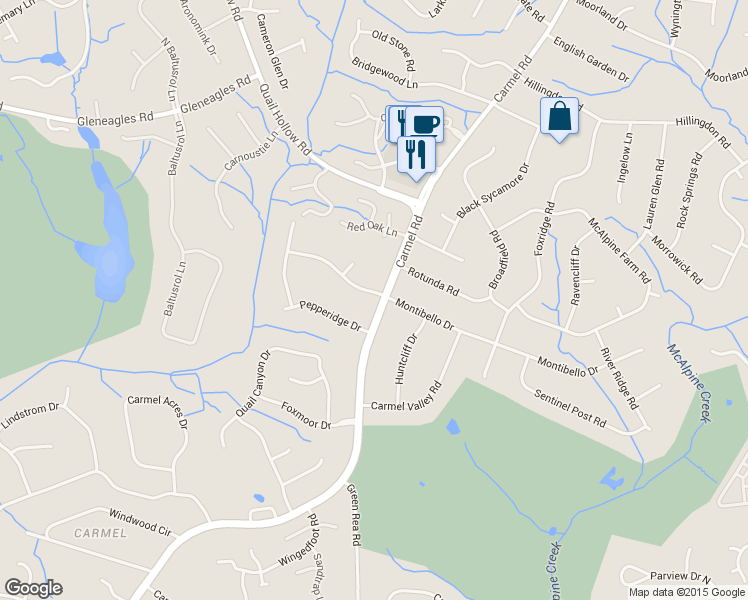 map of restaurants, bars, coffee shops, grocery stores, and more near 4400 Carmel Road in Charlotte