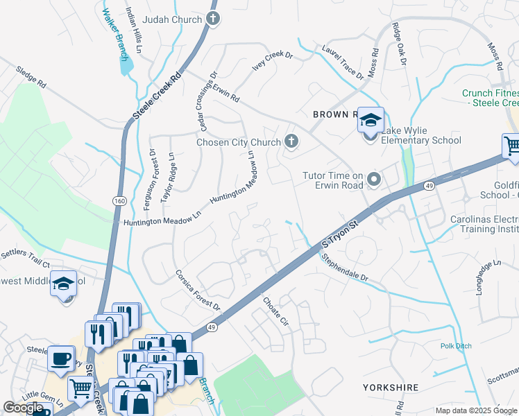 map of restaurants, bars, coffee shops, grocery stores, and more near 14271 Tranters Creek Lane in Charlotte