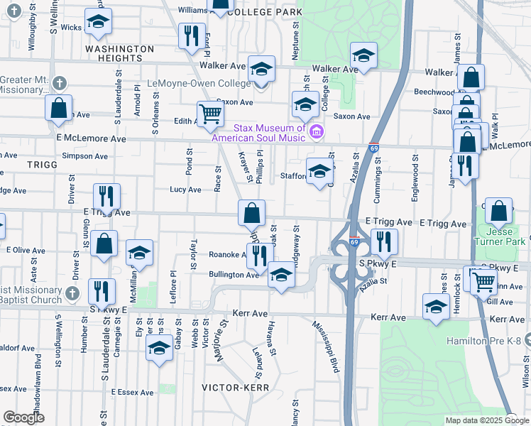 map of restaurants, bars, coffee shops, grocery stores, and more near 842 East Trigg Avenue in Memphis