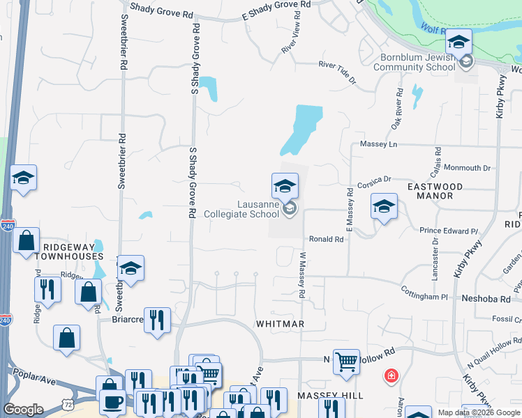 map of restaurants, bars, coffee shops, grocery stores, and more near 6246 Green Meadows Road in Memphis