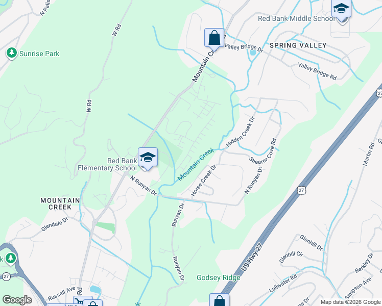 map of restaurants, bars, coffee shops, grocery stores, and more near 1120 Mountain Creek Road in Chattanooga