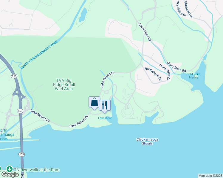 map of restaurants, bars, coffee shops, grocery stores, and more near 5750 Lake Resort Drive in Chattanooga