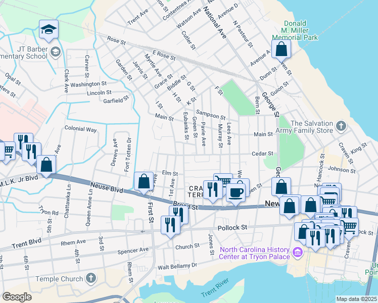 map of restaurants, bars, coffee shops, grocery stores, and more near 1032 Cedar Street in New Bern
