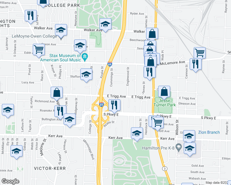 map of restaurants, bars, coffee shops, grocery stores, and more near 1060 E Trigg Ave in Memphis