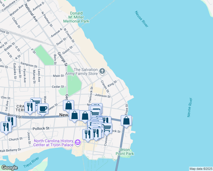 map of restaurants, bars, coffee shops, grocery stores, and more near 702 Craven Street in New Bern
