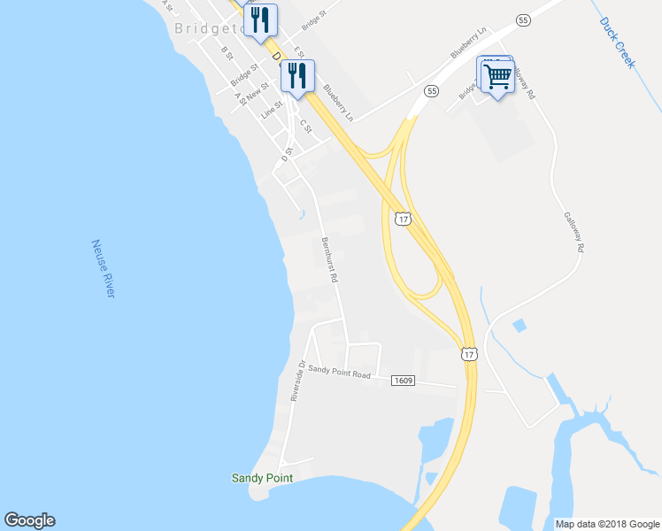 map of restaurants, bars, coffee shops, grocery stores, and more near Bernhurst Road in New Bern