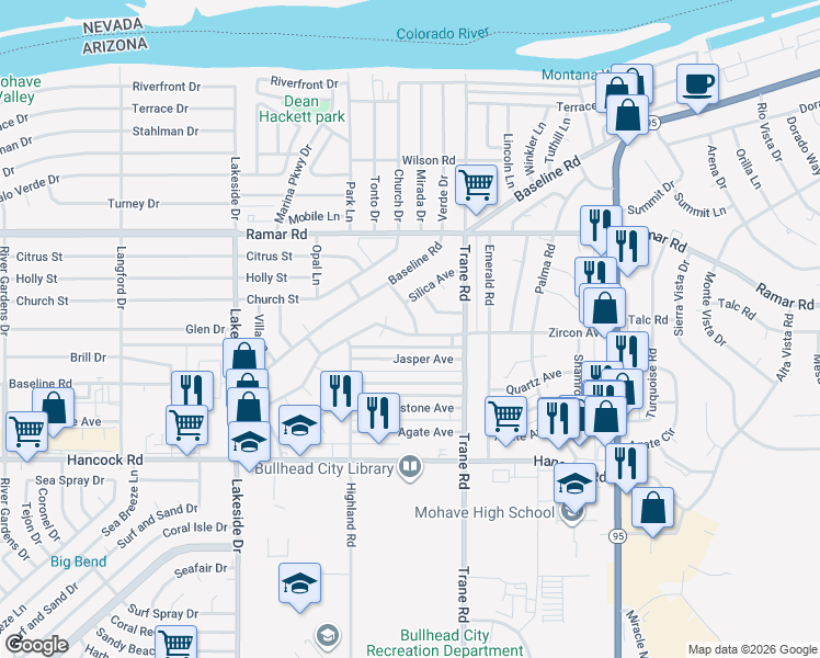 map of restaurants, bars, coffee shops, grocery stores, and more near 1595 Garnet Lane in Bullhead City