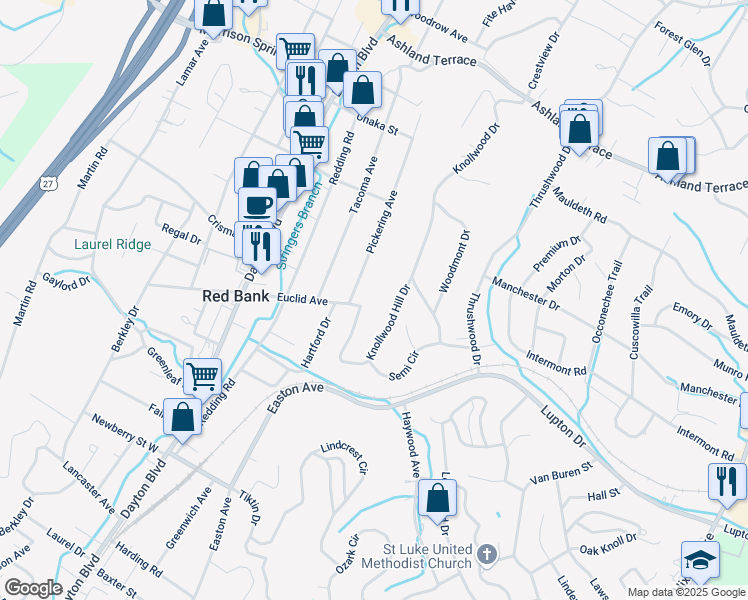 map of restaurants, bars, coffee shops, grocery stores, and more near 308 Euclid Avenue in Chattanooga