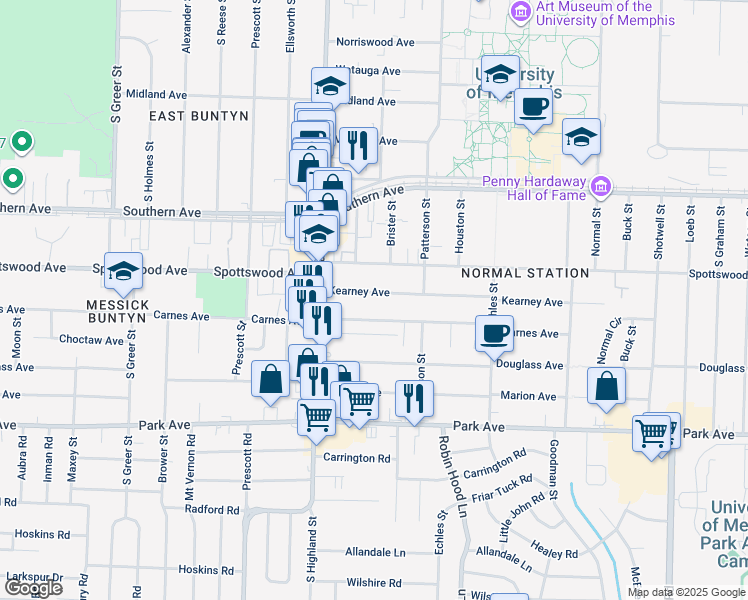 map of restaurants, bars, coffee shops, grocery stores, and more near 3579 Kearney Avenue in Memphis