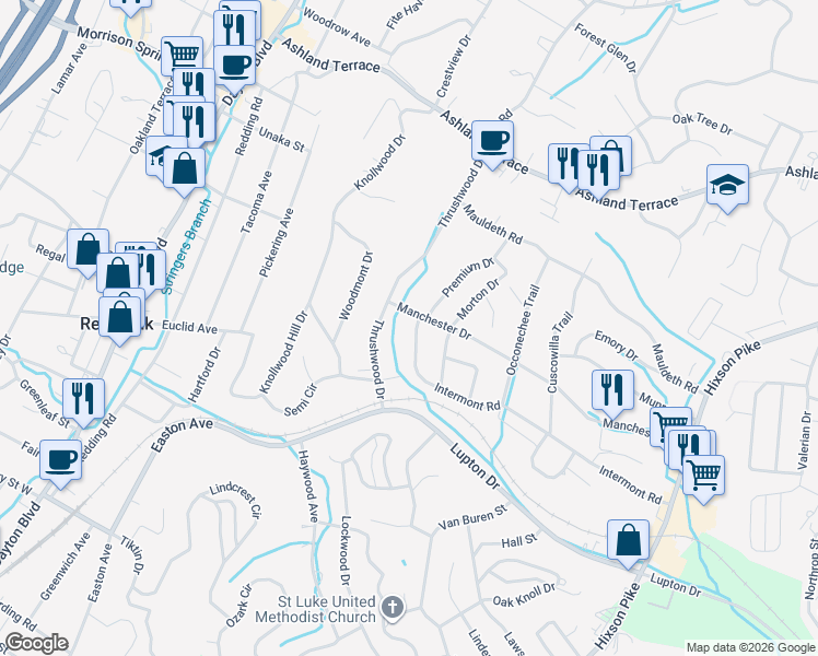 map of restaurants, bars, coffee shops, grocery stores, and more near 3641 Premium Drive in Chattanooga