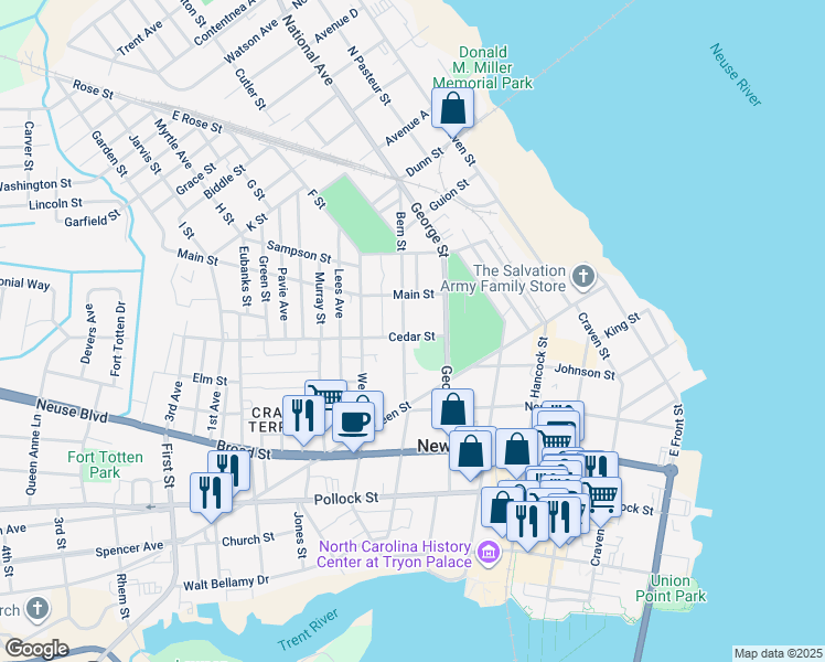 map of restaurants, bars, coffee shops, grocery stores, and more near 726 Cedar St in New Bern