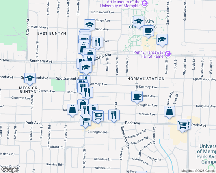 map of restaurants, bars, coffee shops, grocery stores, and more near 3579 Kearney Avenue in Memphis