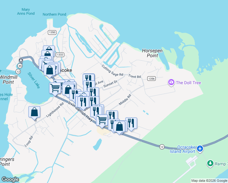 map of restaurants, bars, coffee shops, grocery stores, and more near 175 Sandollar Road in Ocracoke