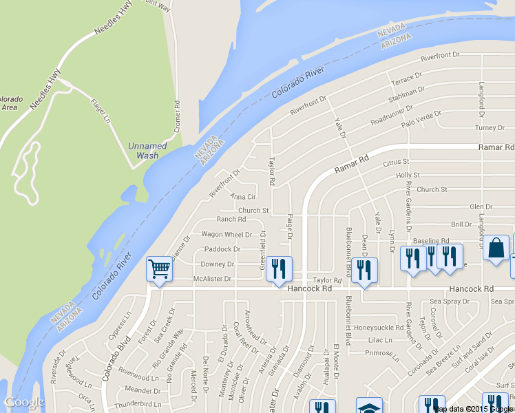 map of restaurants, bars, coffee shops, grocery stores, and more near 465 Church Street in Bullhead City