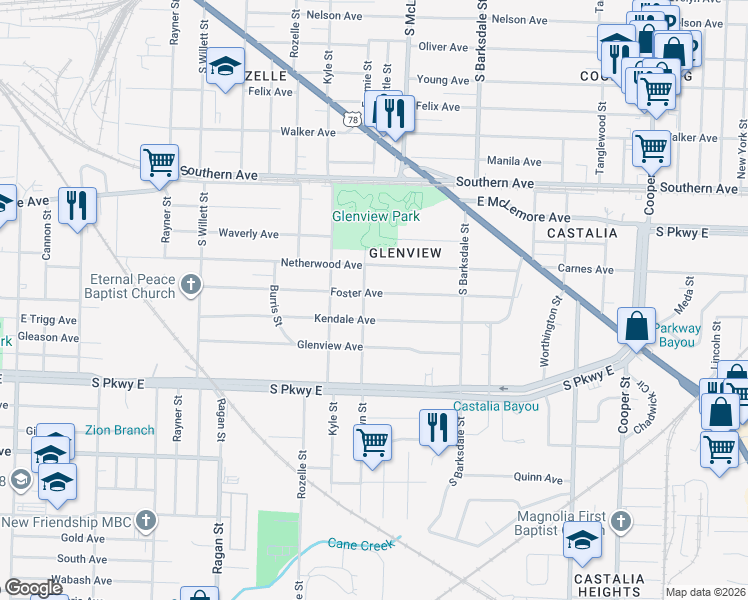 map of restaurants, bars, coffee shops, grocery stores, and more near 1781 Foster Avenue in Memphis