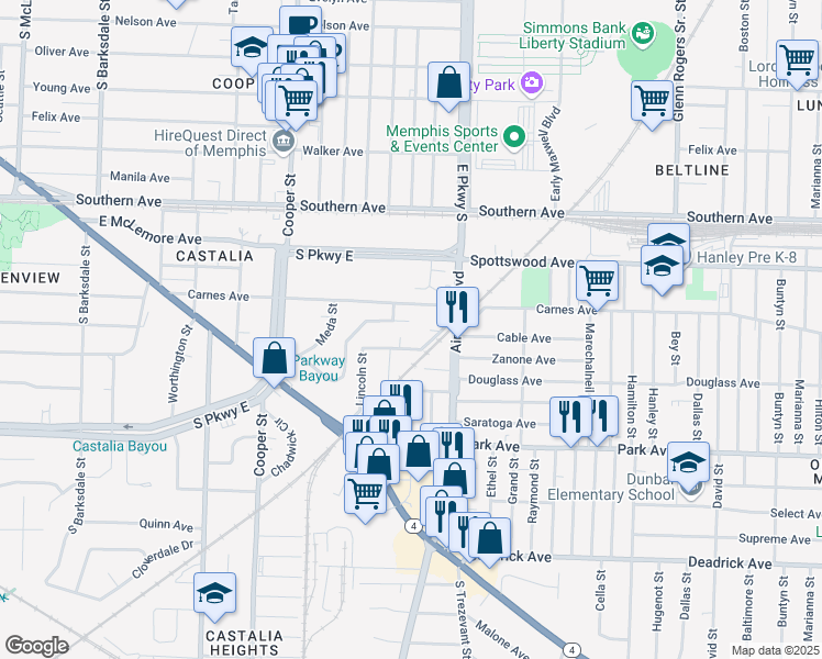 map of restaurants, bars, coffee shops, grocery stores, and more near 2323 Longstreet Drive in Memphis