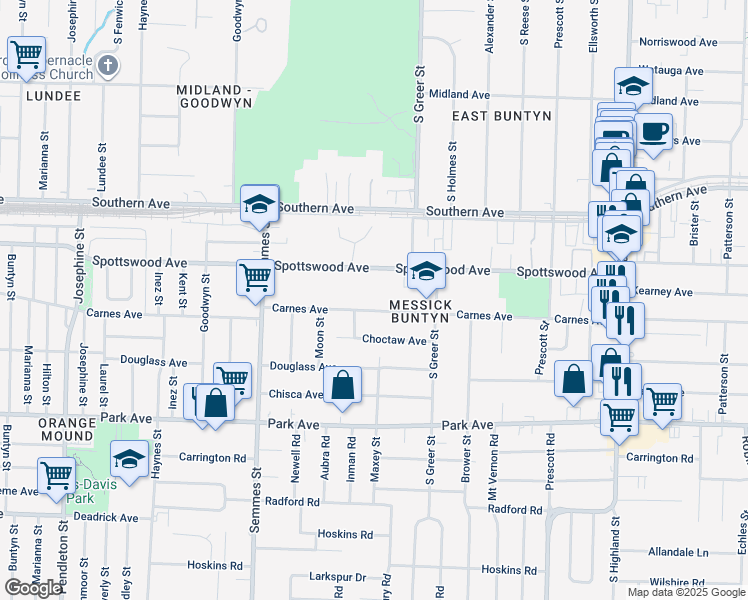 map of restaurants, bars, coffee shops, grocery stores, and more near 3174 Carnes Avenue in Memphis