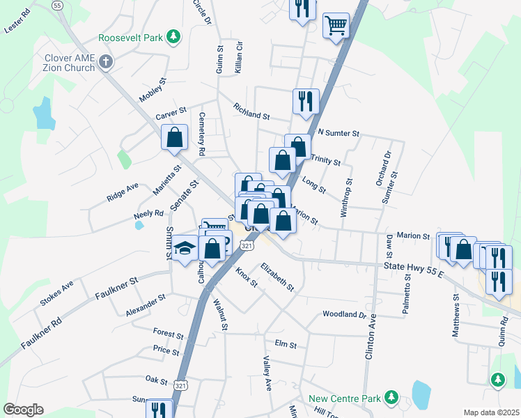 map of restaurants, bars, coffee shops, grocery stores, and more near 215 Old N Main Street in Clover