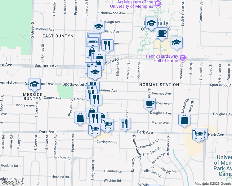 map of restaurants, bars, coffee shops, grocery stores, and more near 3579 Kearney Avenue in Memphis