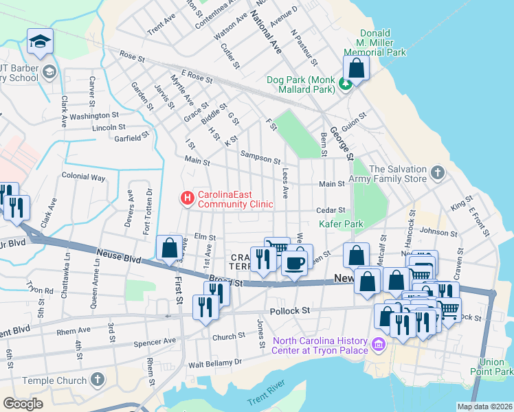 map of restaurants, bars, coffee shops, grocery stores, and more near 1002 Cedar Street in New Bern