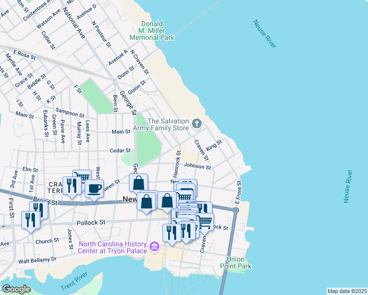 map of restaurants, bars, coffee shops, grocery stores, and more near 622 Hancock Street in New Bern