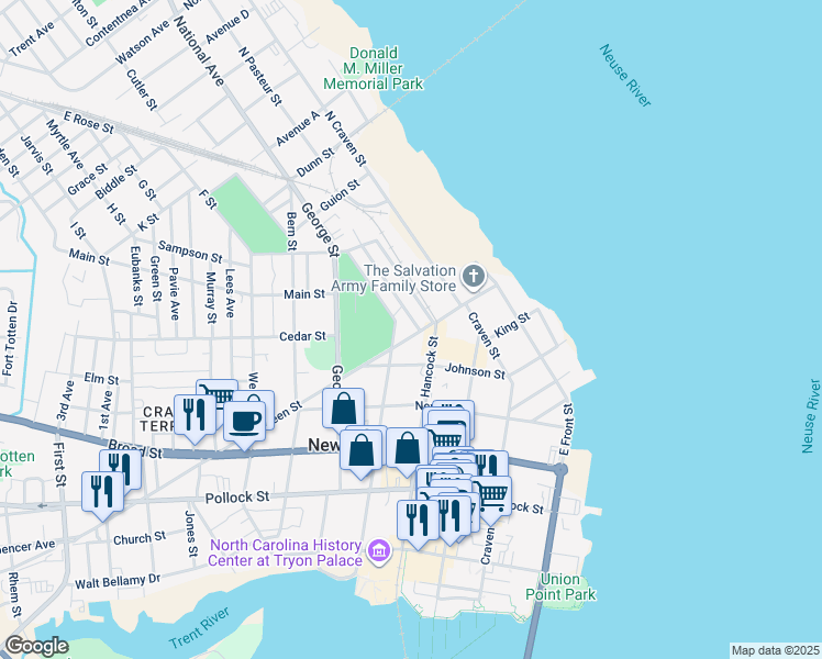 map of restaurants, bars, coffee shops, grocery stores, and more near 516 Queen Street in New Bern