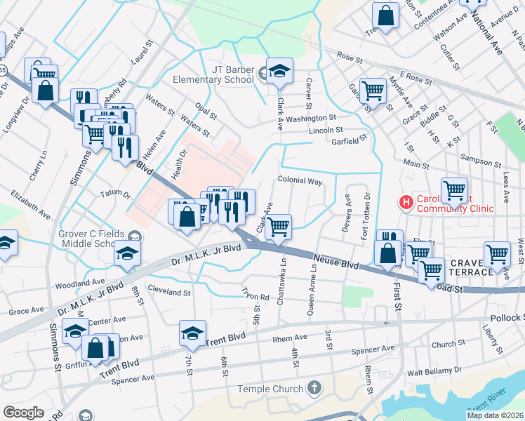 map of restaurants, bars, coffee shops, grocery stores, and more near 807 Clark Avenue in New Bern