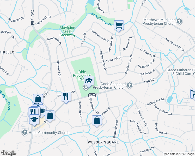 map of restaurants, bars, coffee shops, grocery stores, and more near 6910 Windyrush Road in Charlotte