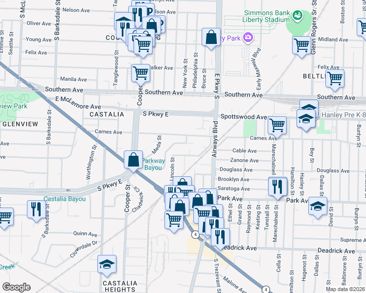 map of restaurants, bars, coffee shops, grocery stores, and more near 2240 Zanone Avenue in Memphis