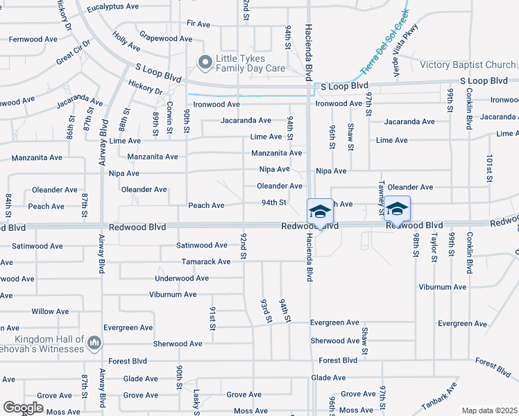 map of restaurants, bars, coffee shops, grocery stores, and more near 9236 Peach Avenue in California City