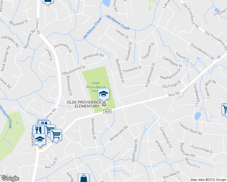 map of restaurants, bars, coffee shops, grocery stores, and more near 6910 Windyrush Road in Charlotte