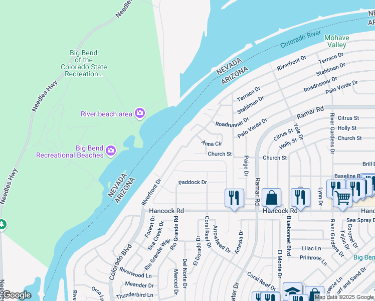 map of restaurants, bars, coffee shops, grocery stores, and more near 366 Riverfront Dr in Bullhead City