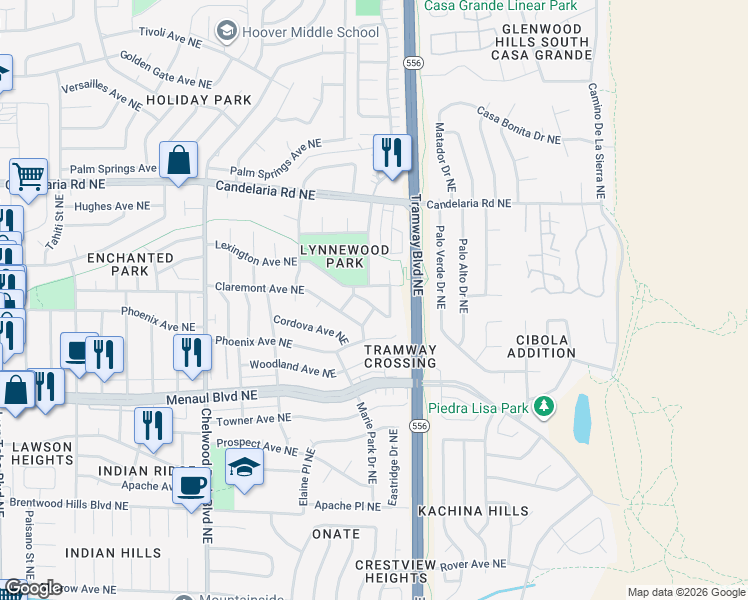 map of restaurants, bars, coffee shops, grocery stores, and more near 12350 Los Arboles Avenue Northeast in Albuquerque