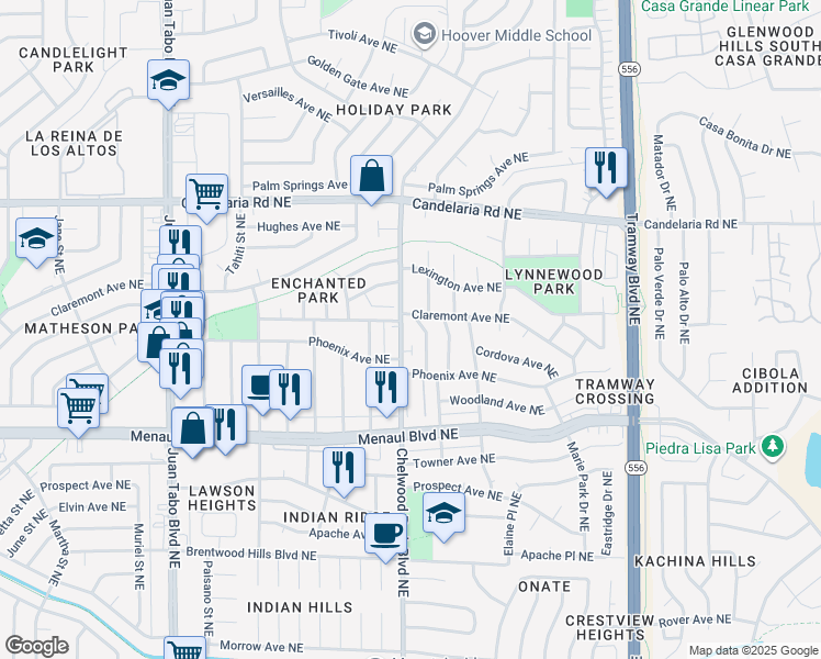 map of restaurants, bars, coffee shops, grocery stores, and more near 2525 Georgene Drive Northeast in Albuquerque