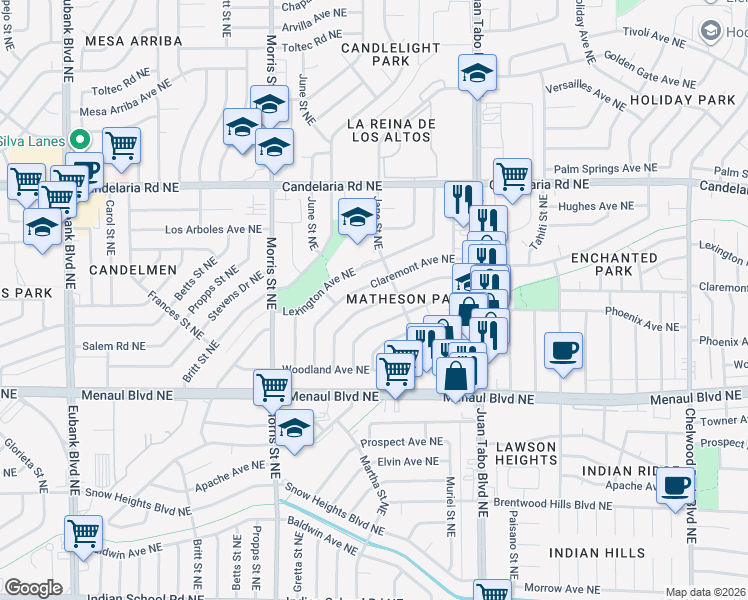 map of restaurants, bars, coffee shops, grocery stores, and more near 10908 Fairbanks Road Northeast in Albuquerque