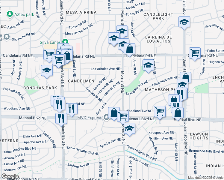 map of restaurants, bars, coffee shops, grocery stores, and more near 2509 Britt Street Northeast in Albuquerque