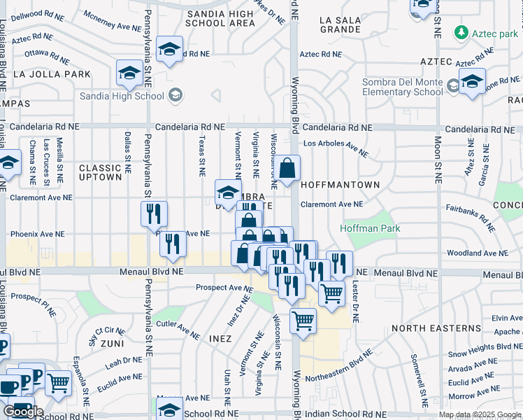 map of restaurants, bars, coffee shops, grocery stores, and more near 2417 Wisconsin Street Northeast in Albuquerque