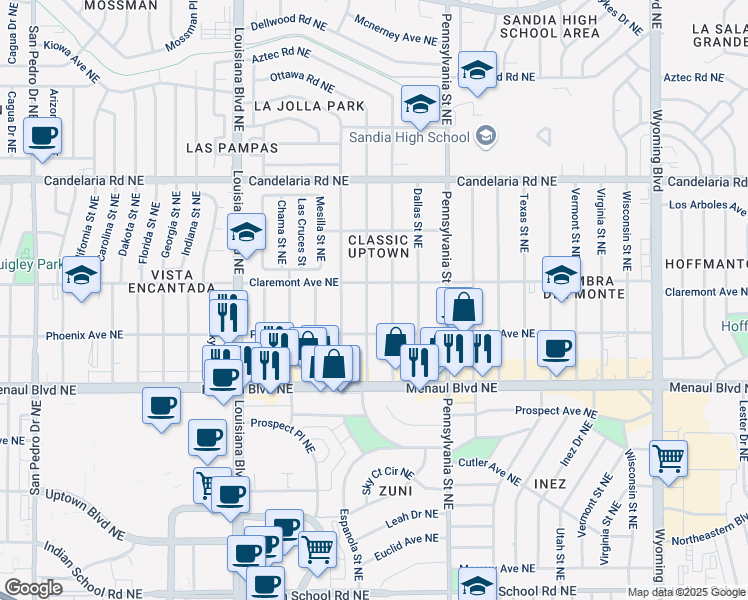 map of restaurants, bars, coffee shops, grocery stores, and more near 2720 San Pablo Street Northeast in Albuquerque