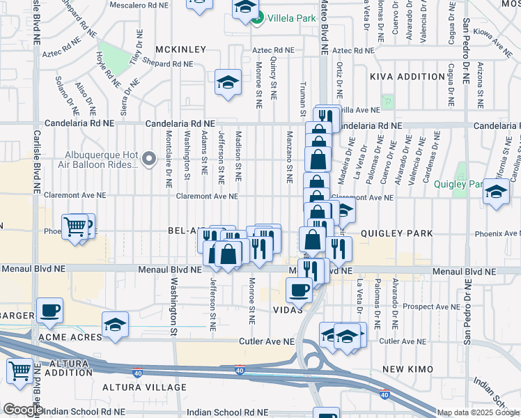 map of restaurants, bars, coffee shops, grocery stores, and more near 2729 Quincy Street Northeast in Albuquerque