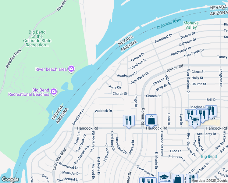 map of restaurants, bars, coffee shops, grocery stores, and more near 377-379 Church Street in Bullhead City
