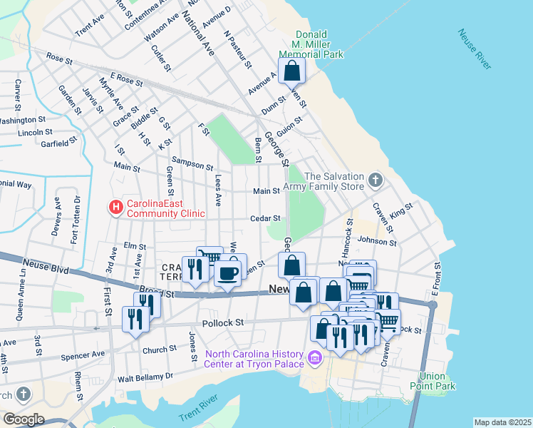 map of restaurants, bars, coffee shops, grocery stores, and more near 726 Cedar Street in New Bern