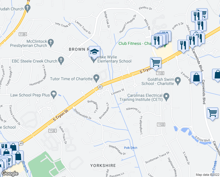 map of restaurants, bars, coffee shops, grocery stores, and more near 13341 Erwin Road in Charlotte