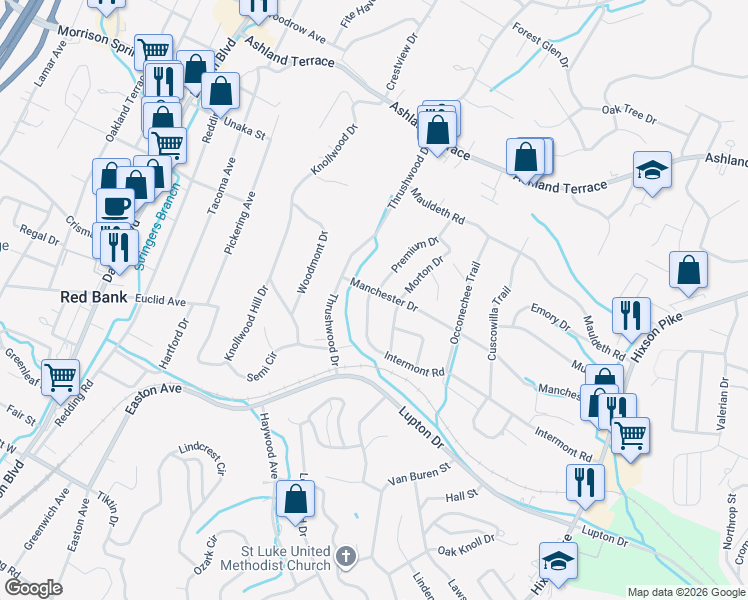 map of restaurants, bars, coffee shops, grocery stores, and more near 3641 Premium Drive in Chattanooga